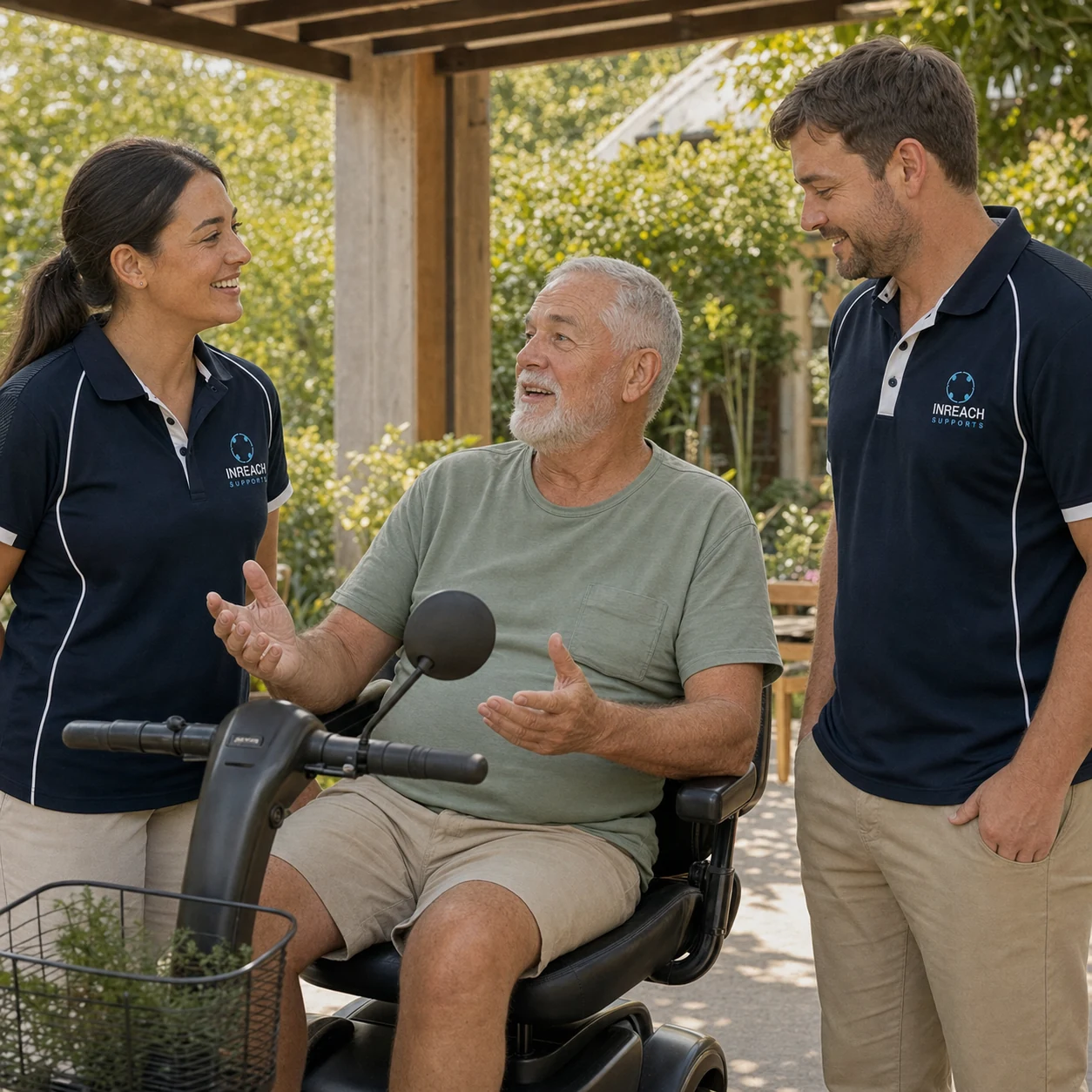 A participant on a mobility scooter in conversation with two INREACH support workers outdoors