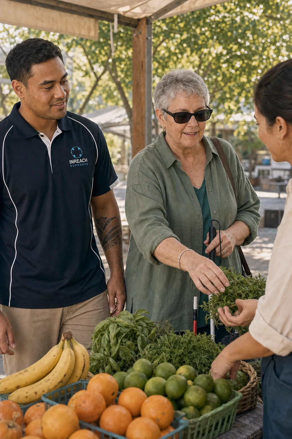 A woman with a white cane choosing herbs at a market with an INREACH support worker nearby