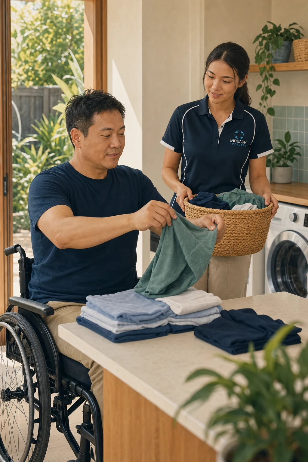 A wheelchair user folding laundry at home with an INREACH support worker holding the basket