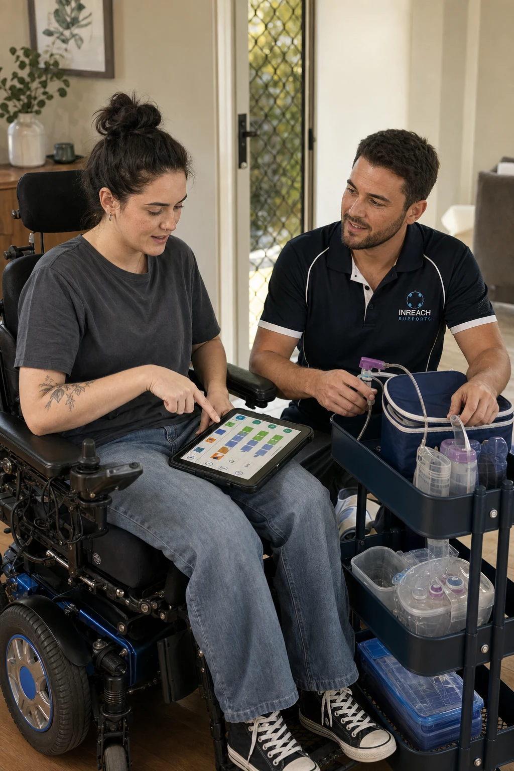 A powered wheelchair user reviewing a daily health-support checklist with a trained INREACH worker