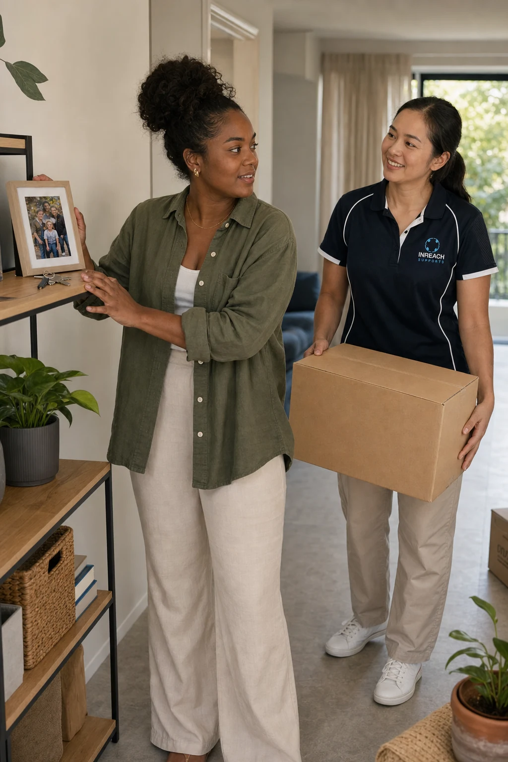 A woman arranging personal belongings in temporary accommodation while an INREACH support worker carries a box