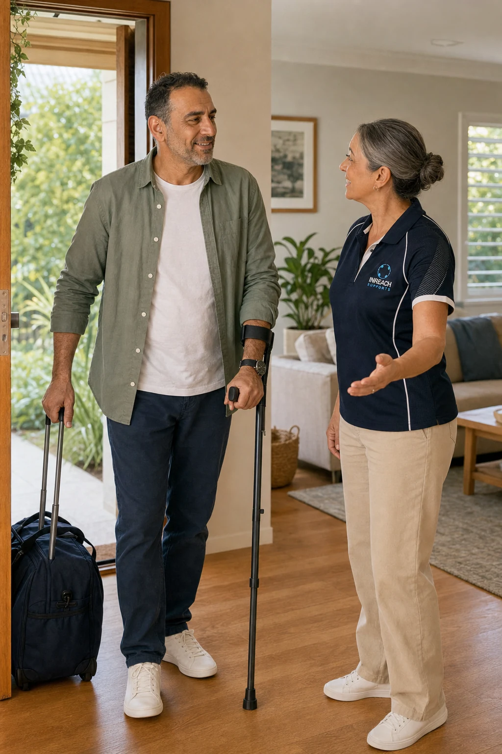 A man arriving for a planned respite stay with his bag and an INREACH support worker welcoming him