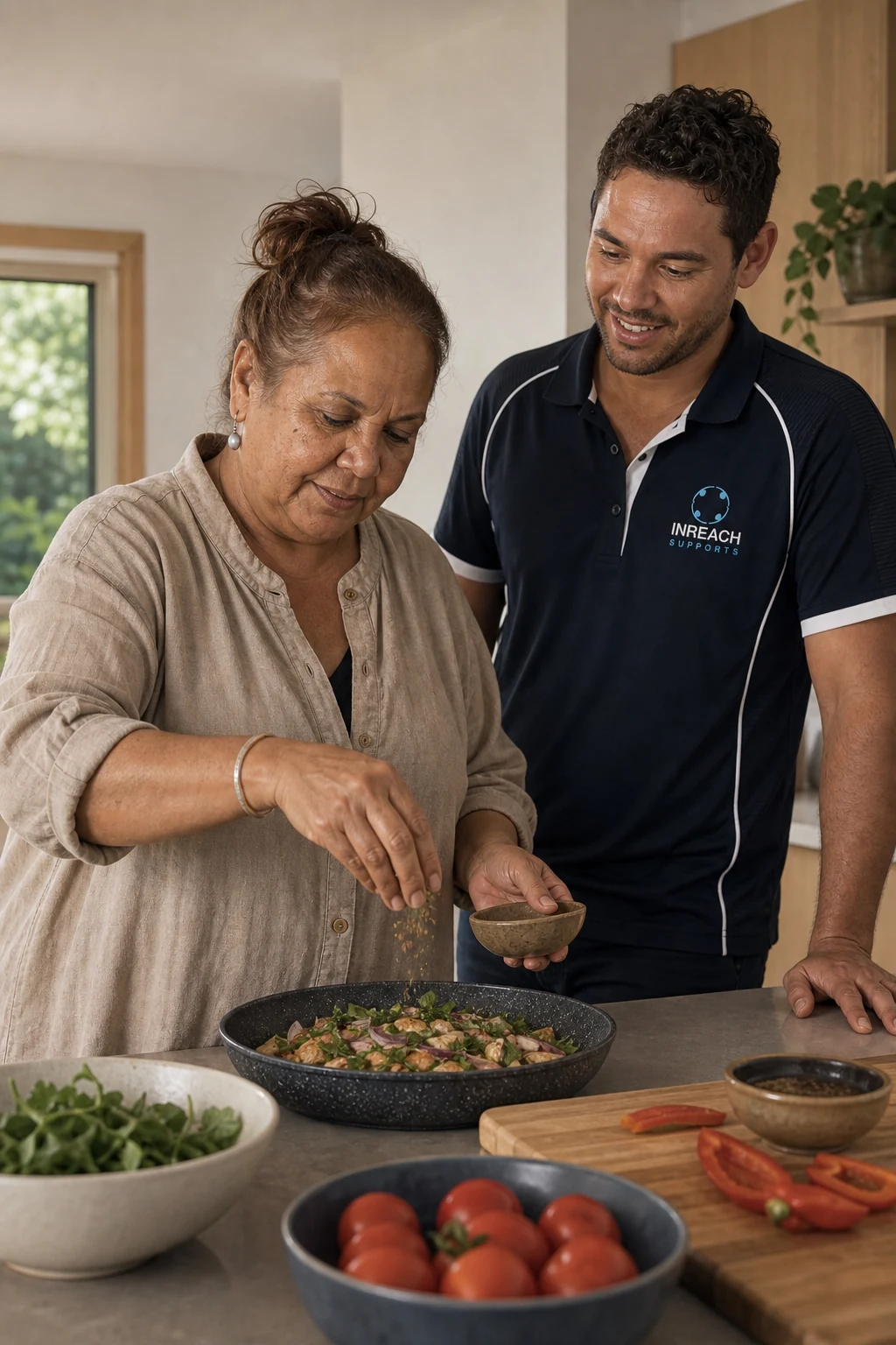 A woman preparing lunch in her kitchen while an INREACH support worker follows her lead