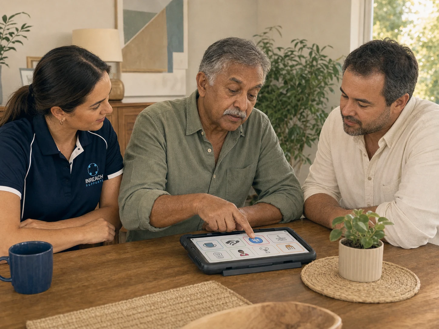 A participant using a tablet to lead a planning conversation with an INREACH worker and support coordinator