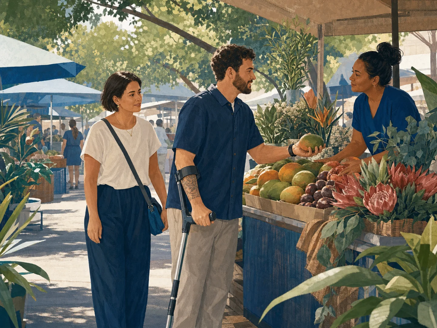 Illustration of a participant choosing fresh produce at a local market with support nearby