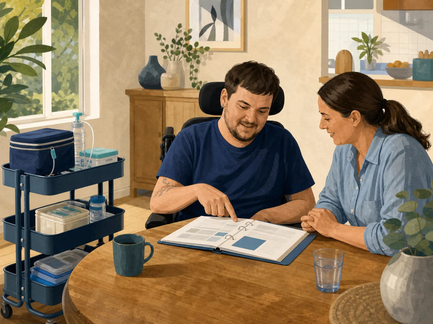 Illustration of a participant reviewing a documented health support plan with a trained worker at home
