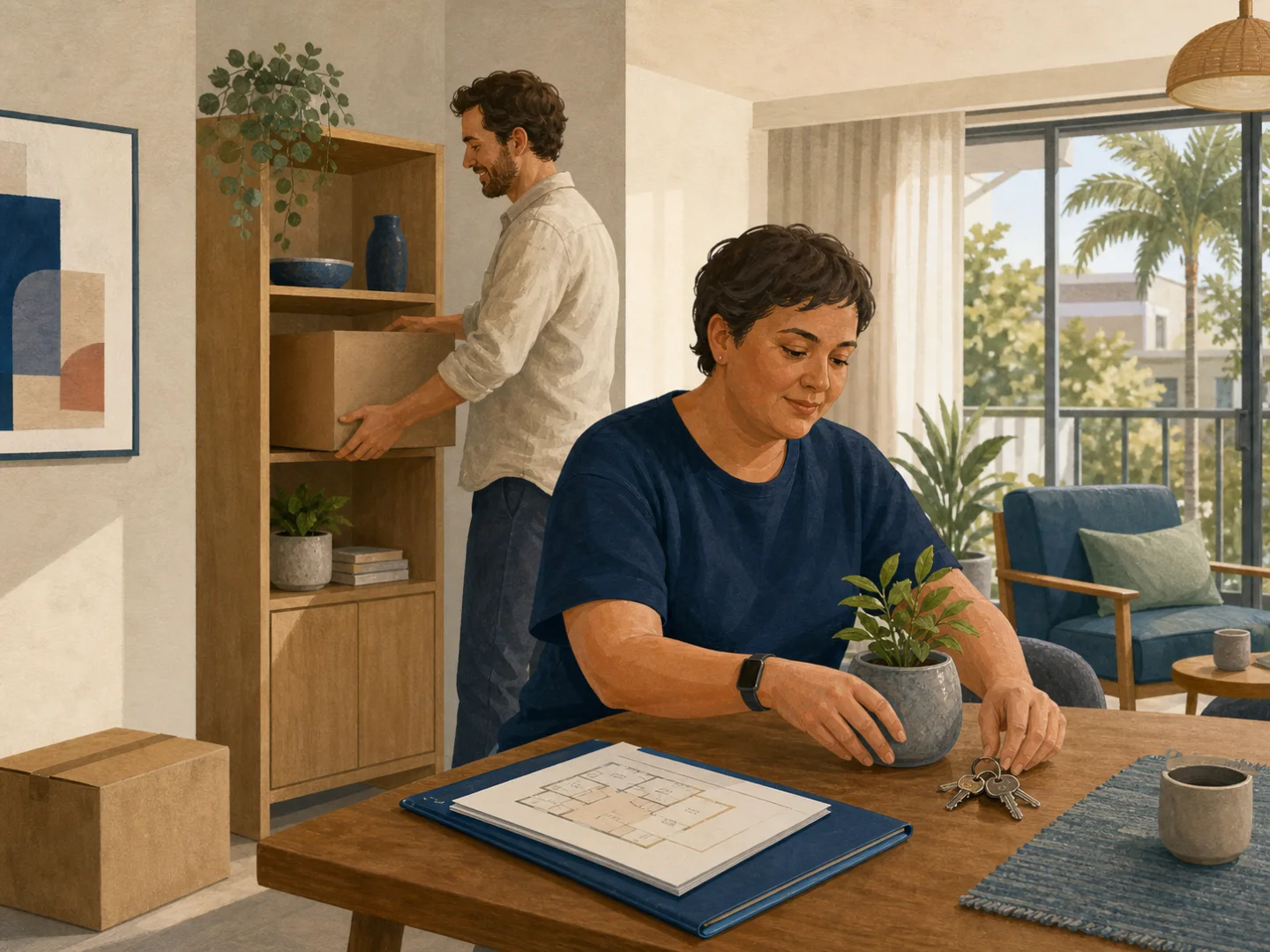 Illustration of a participant settling into temporary accommodation while planning their next home