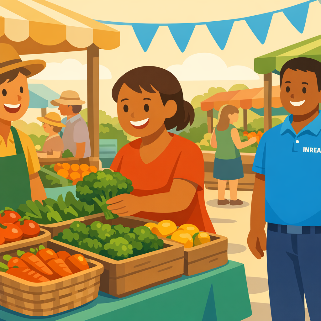 Participant confidently shopping at a vibrant farmers market with INREACH support worker nearby