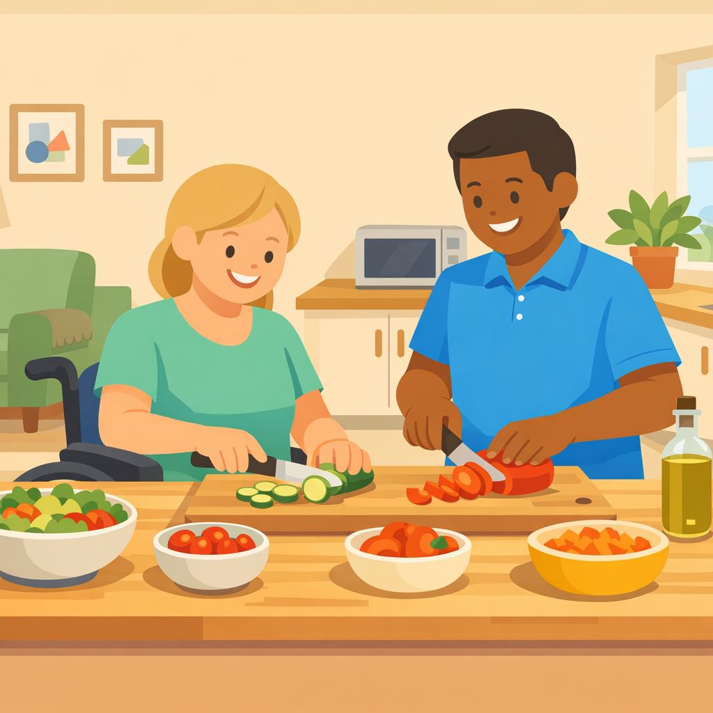 Support worker helping participant with meal preparation in a warm home kitchen