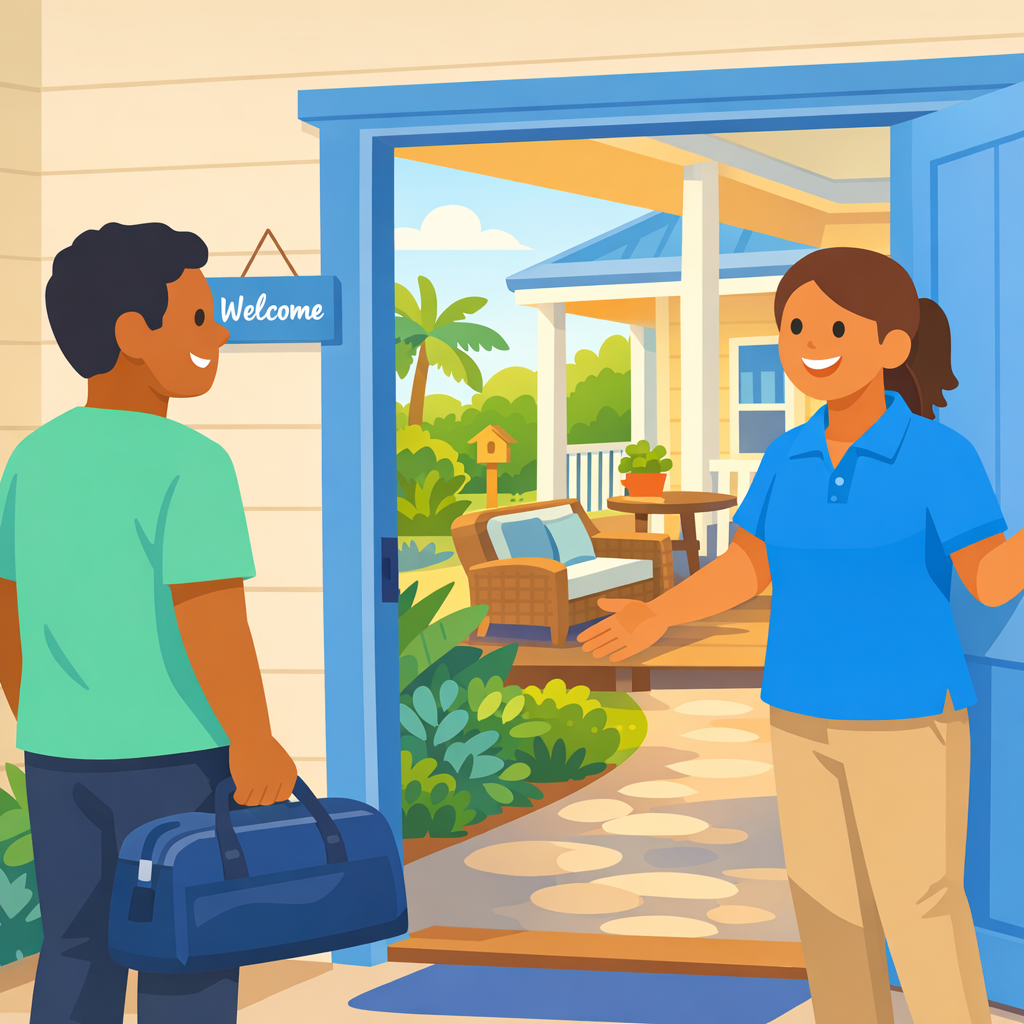 Participant being warmly welcomed at a beautiful INREACH respite home