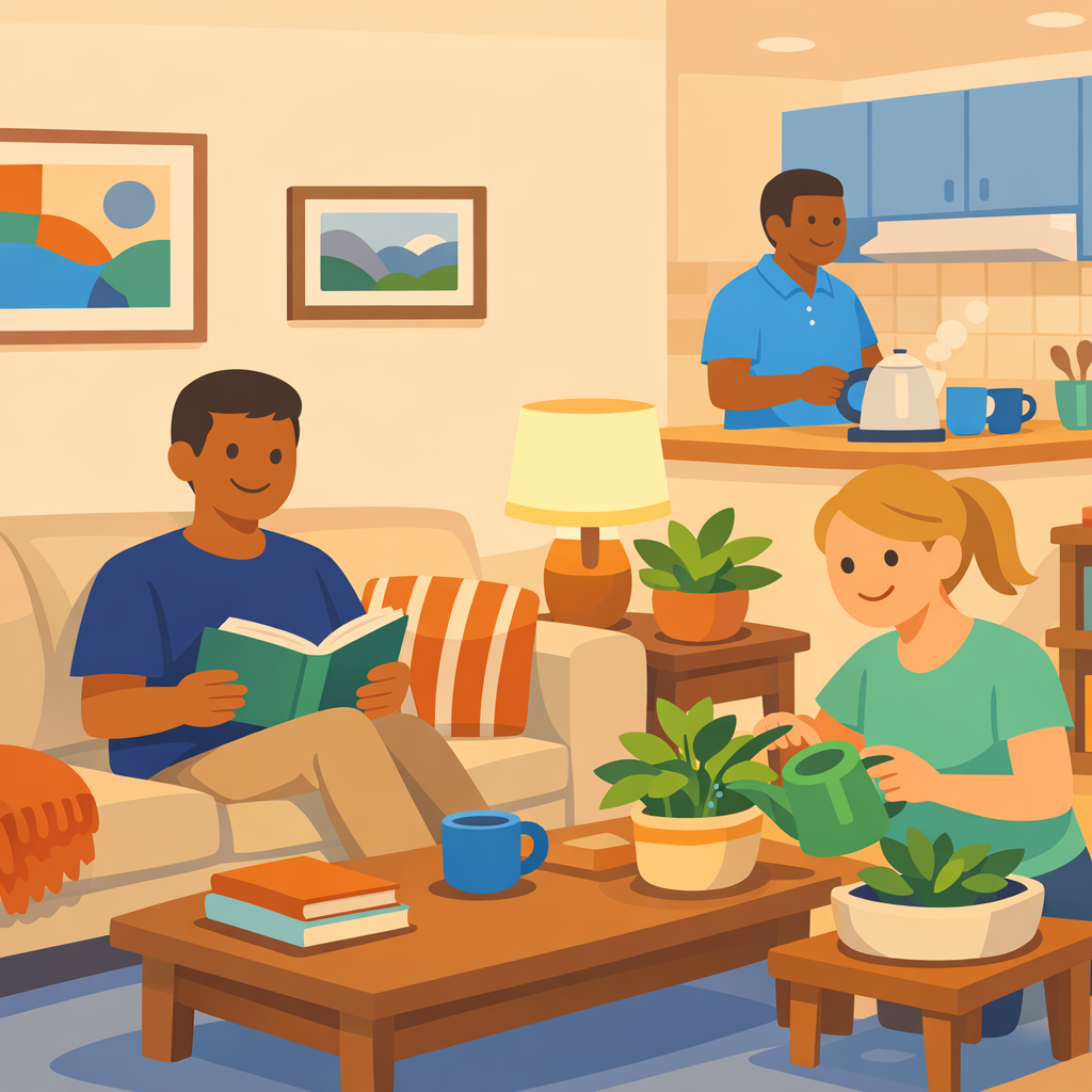 Residents relaxing in a warm, homely SIL living room with support worker in background