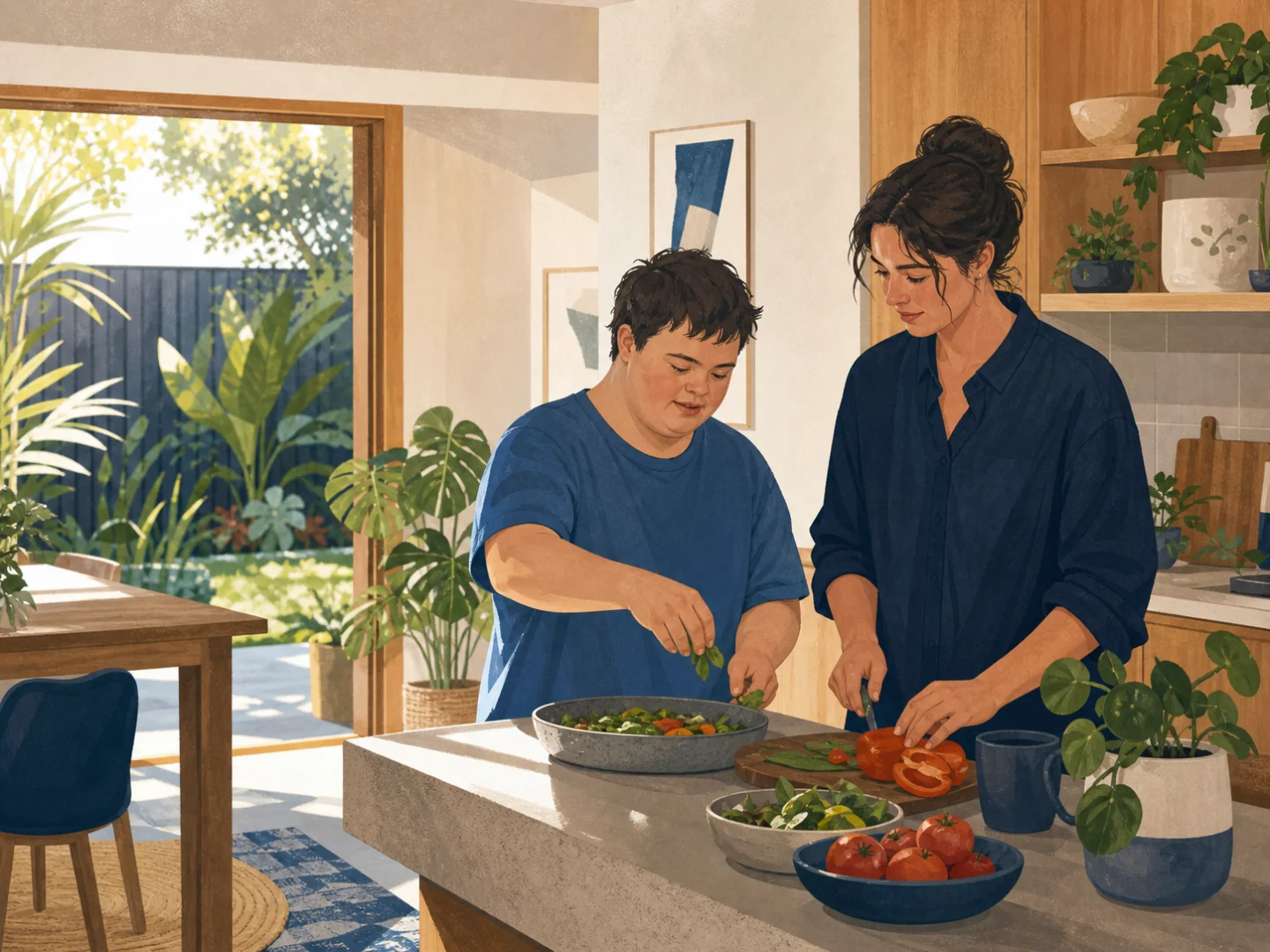 Illustration of a participant and support worker preparing a meal together at home